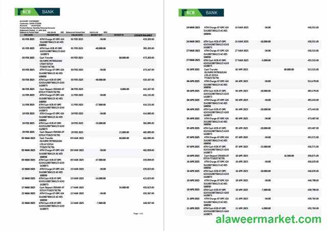 Kenya KCB Bank account statement Word and PDF template, 2 pages